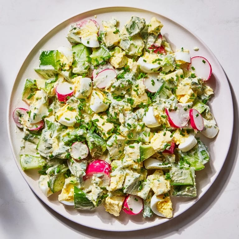 A close-up of green goddess chopped egg salad, highlighting fresh herbs and chopped hard-boiled eggs.