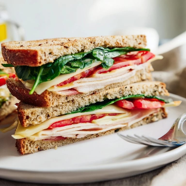 Melted cheese spills from this hearty Turkey Bacon, Spinach & Tomato Protein Grilled Cheese sandwich, a flavorful treat.