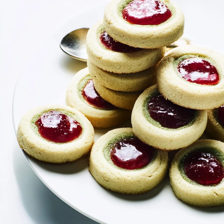Beautiful close-up of Matcha Cranberry Shortbread Thumbprint Cookies filled with vibrant cranberry jam.