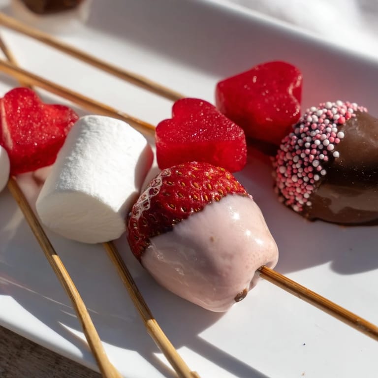 Delectable white and milk chocolate-covered strawberries on a Cupid's Arrow Candy Tray, tempting and delicious.