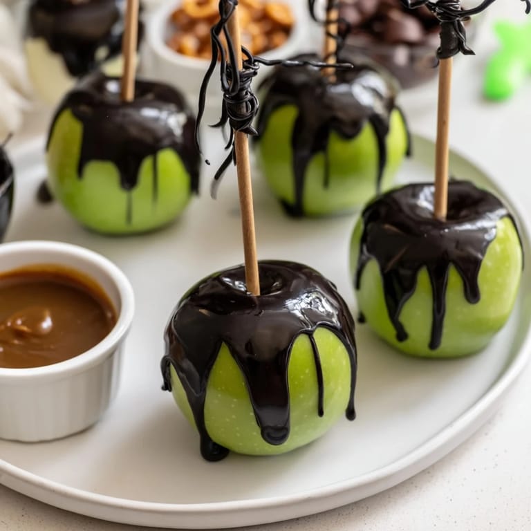 A close-up of a serving board with homemade poison apples, ready for a festive, spooky feast.