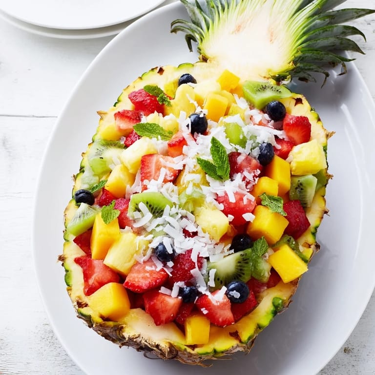 This sweet and easy Tropical Bliss Pineapple Fruit Boat features a beautiful fruit salad in a carved pineapple.