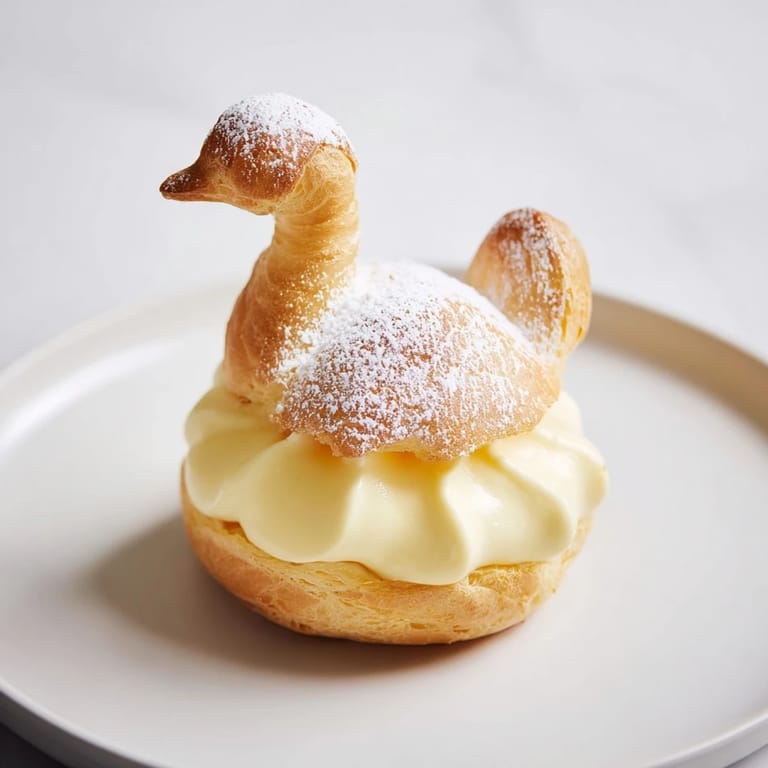 Imagine this: A close-up of the Feathered Friend Swan pastries, crisp golden exteriors, creamy filling, ready to eat.