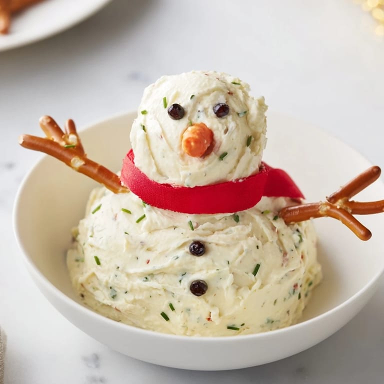 Imagine a creamy melted snowman dip, garnished with red pepper scarves, ready for sharing and fun.