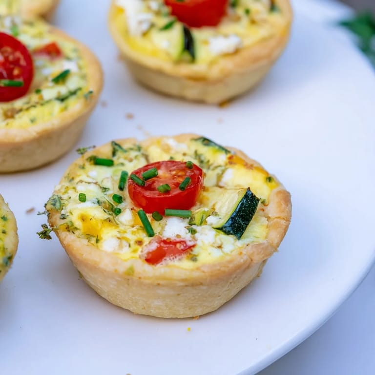 A colorful photo displays homemade Couronne Florale Mini Quiches, filled with spring vegetables and creamy cheese.