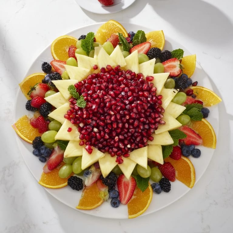 Fresh Pomegranate Starburst Platter with bright kiwi slices and berries, perfect for a healthy and festive snack.