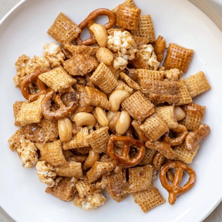 Sweet and salty Party Mix bursts with flavor, featuring a delicious sparkling cider glaze coating.