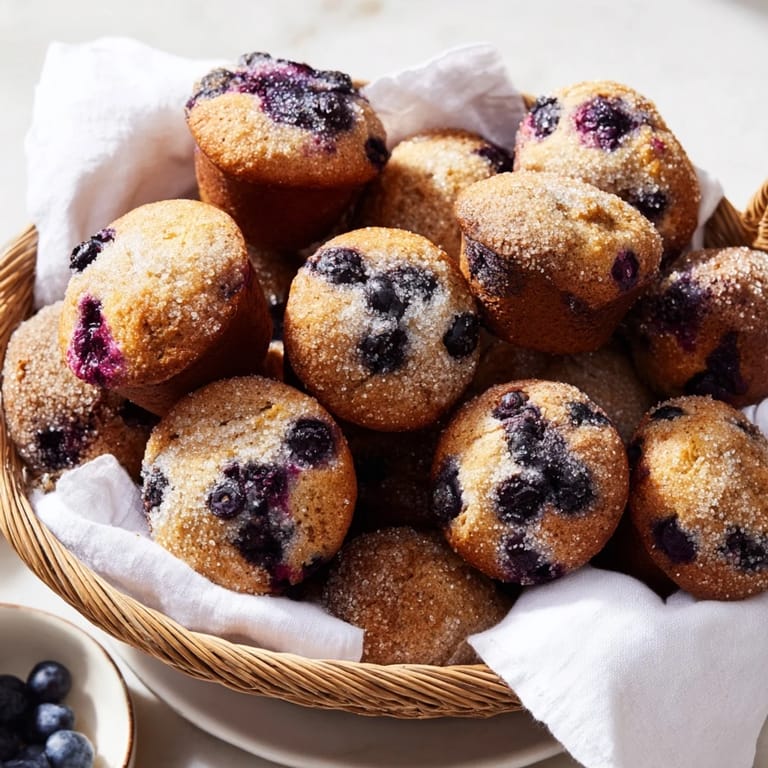 Freshly baked mini blueberry muffins, golden brown and dotted with blueberries, awaiting a bite.