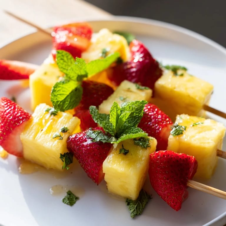 Close-up of freshly made fruit skewers with pineapple and strawberries, ready to enjoy with a burst of sweetness.