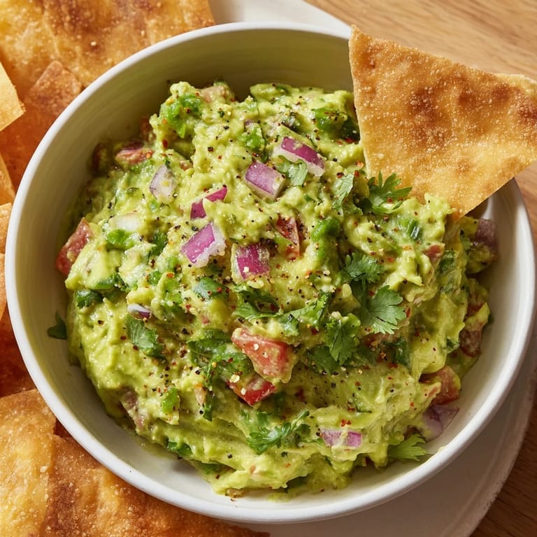 A delicious bowl of Pita Chips and Guacamole, with a colorful mix of fresh ingredients.