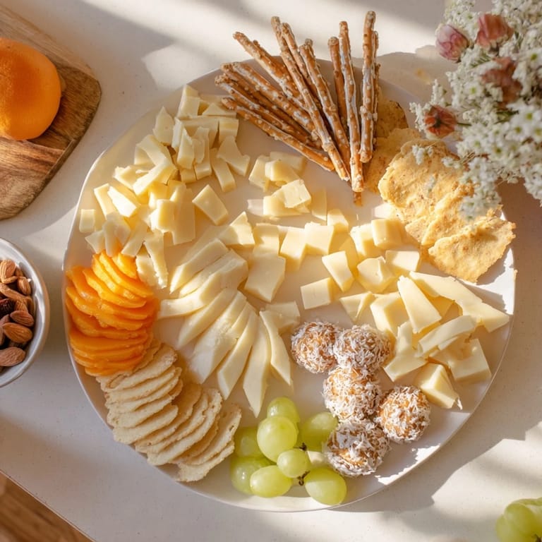 A beautifully arranged Bridal Shower Bubbly Board showcases white grapes, brie, and sparkling wine for a chic party.
