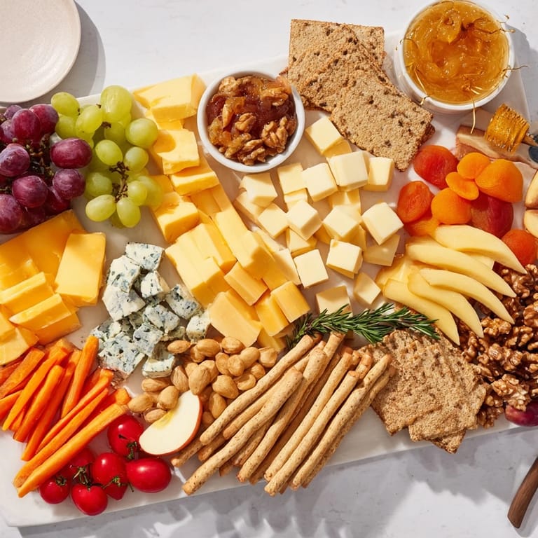 Guests can readily enjoy a generous Housewarming Open House Spread with various cheeses, fruit, and crackers.
