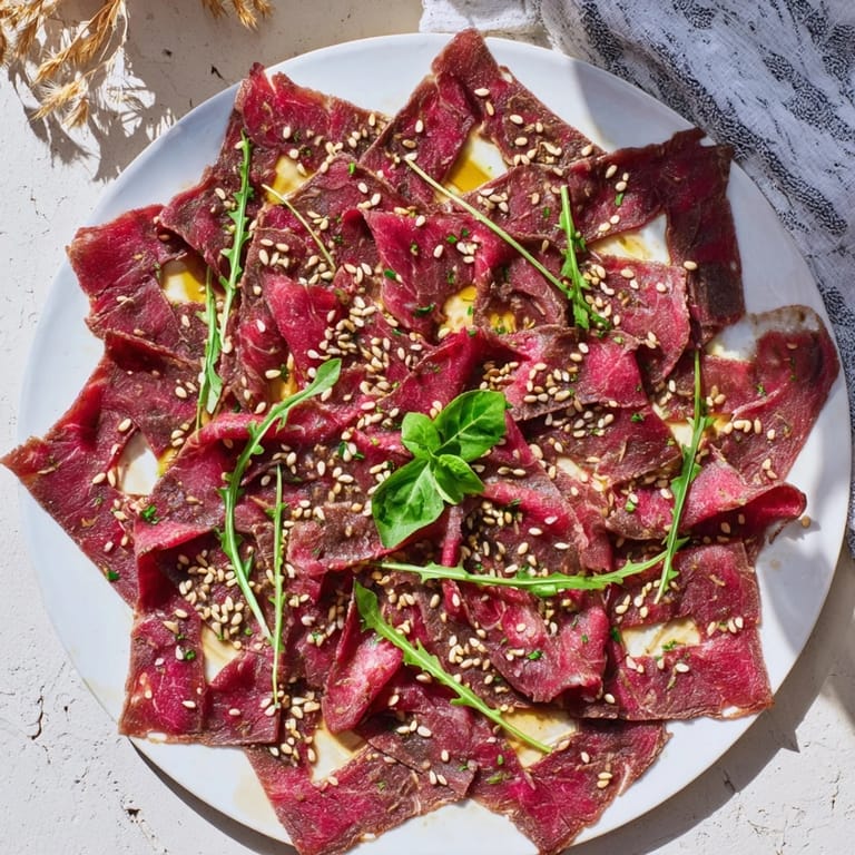 Savory Origami Fold Beef Appetizer, a gluten-free dish with fresh arugula and chives.