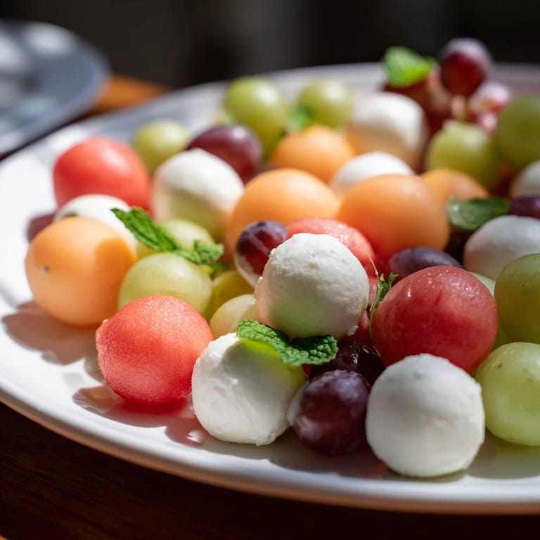 Freshly arranged polka dot platter featuring juicy melon balls, grapes, and creamy cheeses; perfect for entertaining.