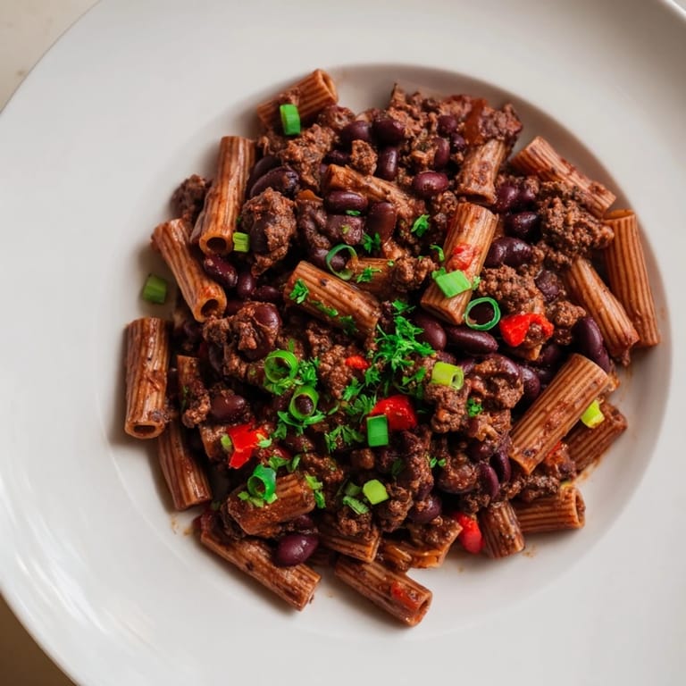 Rich, dark chili with ditalini pasta, spiced with cumin, smoked paprika, and melted dark chocolate.