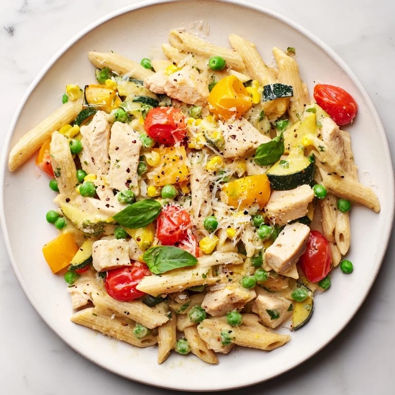 A close-up view of The Last Bite Chicken Pasta, showing colorful veggies and melted cheeses.
