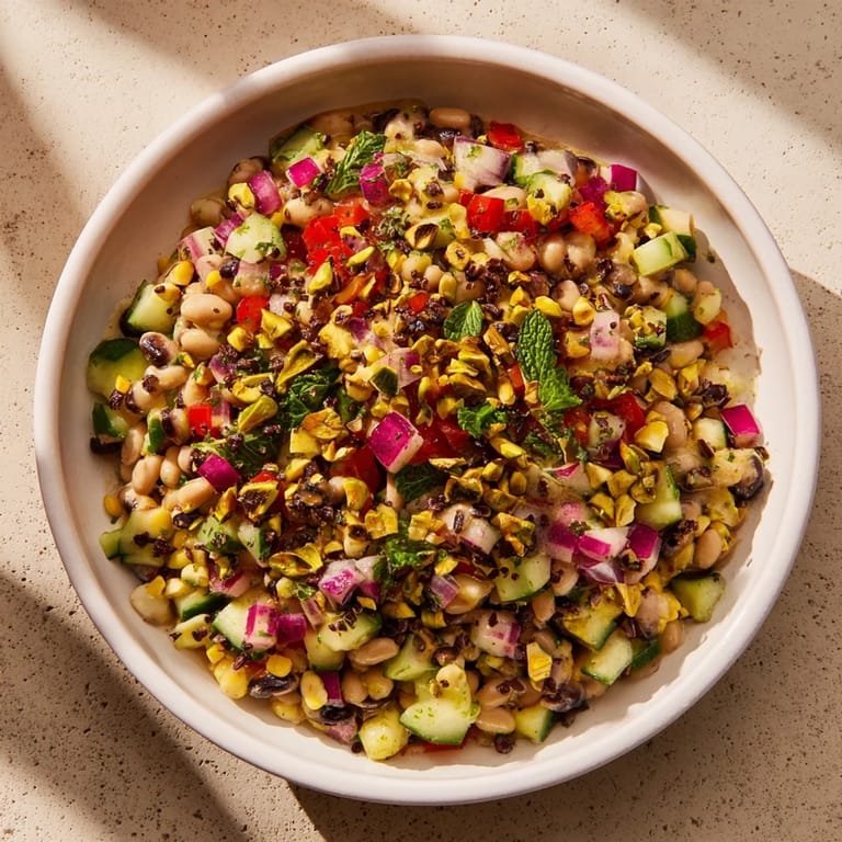 A chilled serving of the flavorful Dense Bean Salad with Dubai chocolate—a delightful vegetarian option.