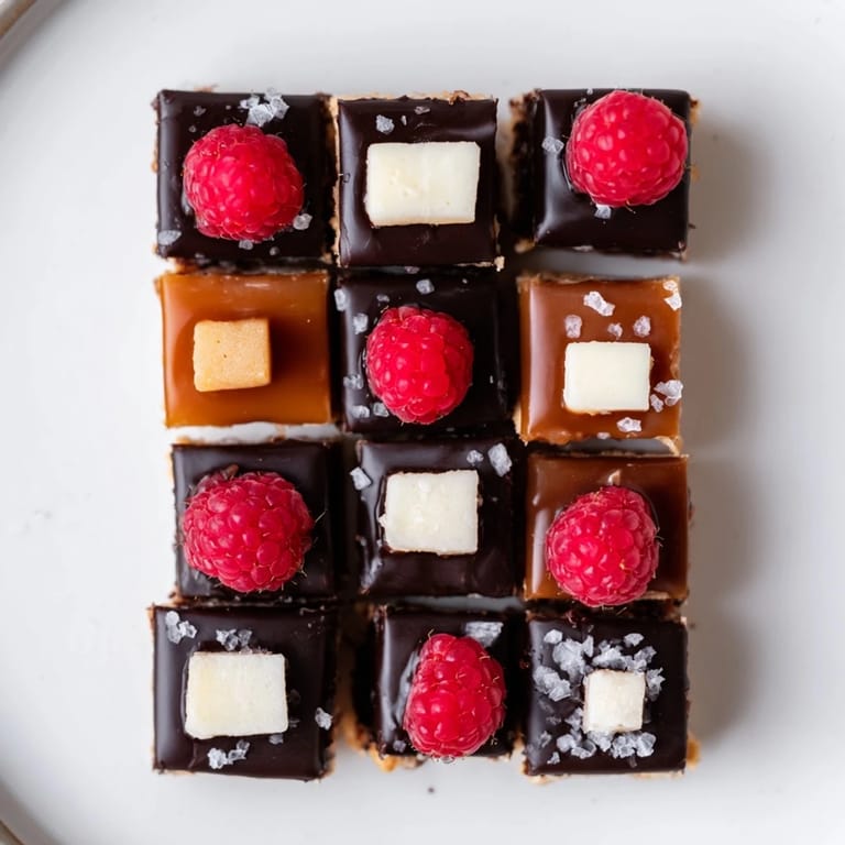 The Checkerboard Terrace, a visually appealing dessert with squares of chocolate, caramel, and cream.