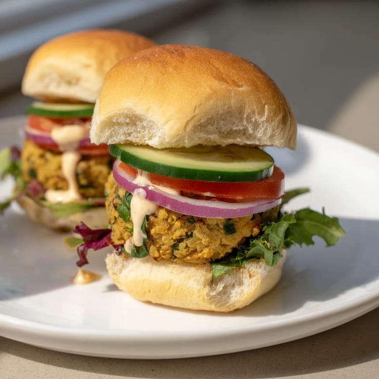 A close-up of delicious, healthy Baked Falafel Sliders with creamy tahini sauce drizzled on top!