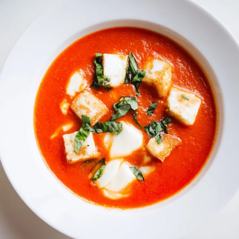Get cozy with this homemade creamy tomato mozzarella soup, perfect for a comforting dinner.