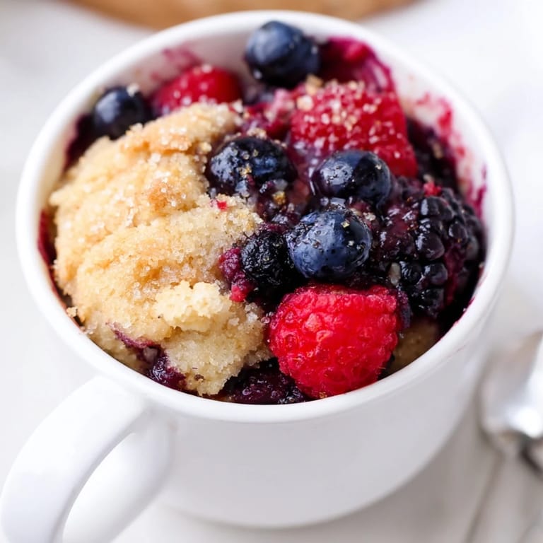 Delicious Mixed Berry Cobbler Mug Cake with a tender, slightly crisp topping and juicy berries.