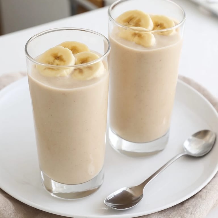 Freshly blended peanut butter banana smoothie, with a thick, smooth texture and sweet aroma.