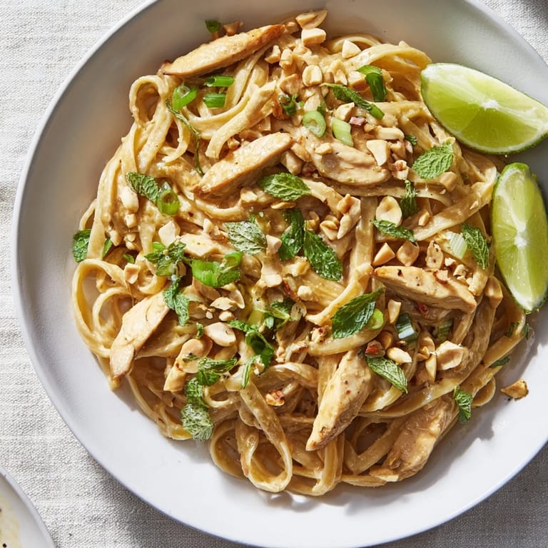 Enjoy a delicious plate of Thai Peanut Chicken Pasta, a quick and easy recipe bursting with vibrant flavors.