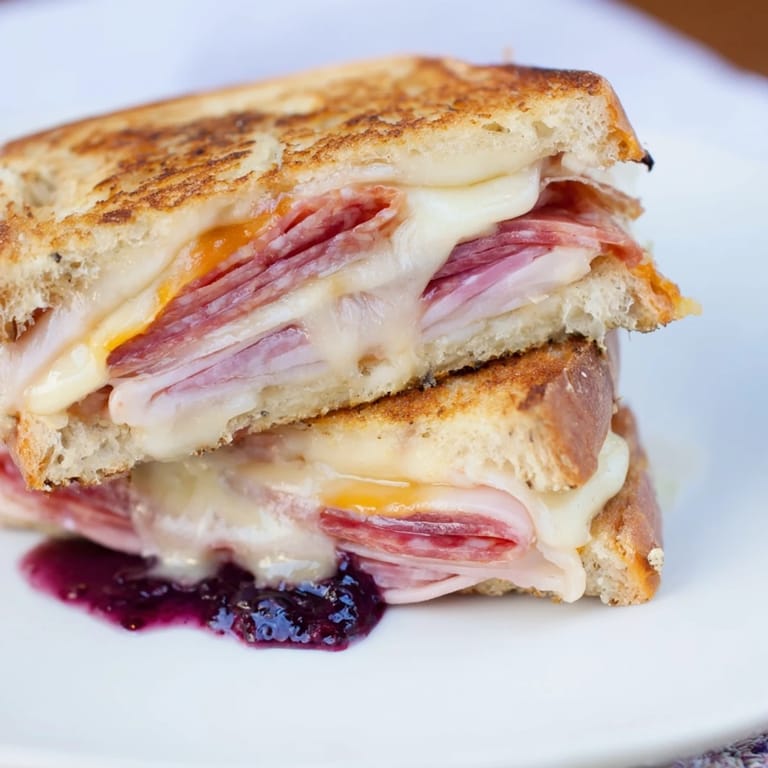 Crisp, delicious Charcuterie Grilled Cheese with layers of meat and cheese, ready to eat.