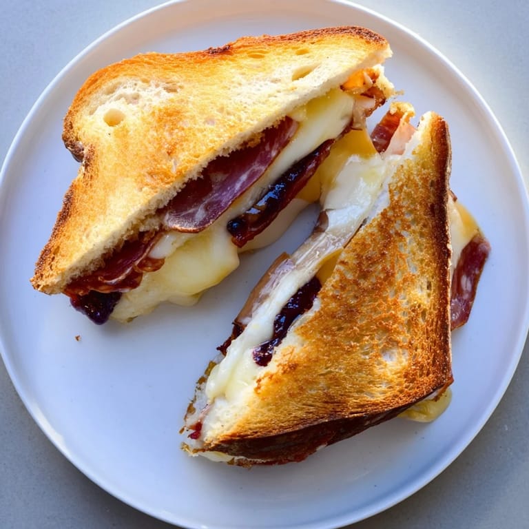 Close-up of a perfectly grilled Charcuterie Grilled Cheese, showcasing a gooey cheese pull.
