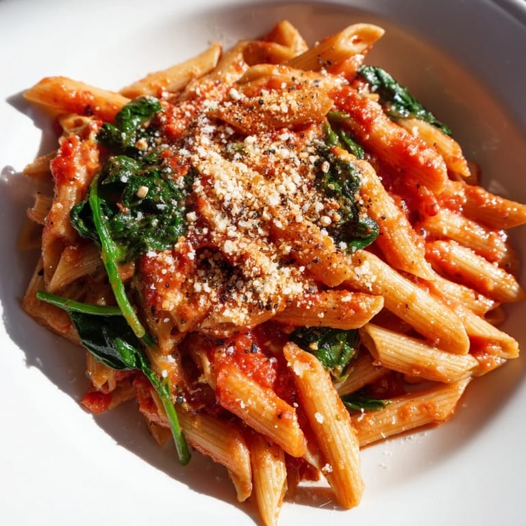 Vibrant image of Quick Marinara Pasta with spinach, showing tender pasta tossed in rich red sauce and fresh spinach.