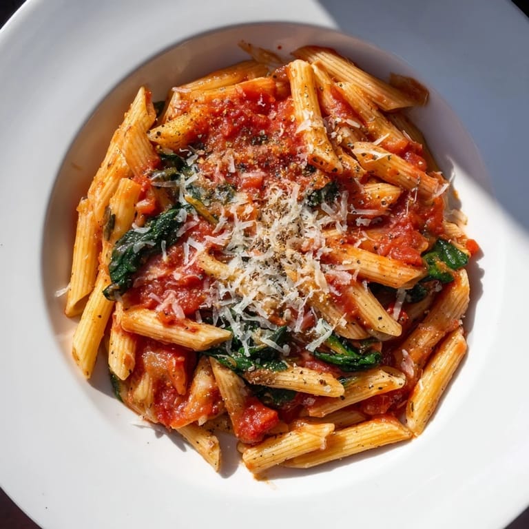 Delicious Quick Marinara Pasta with spinach, beautifully garnished with Parmesan, perfect for a quick dinner.