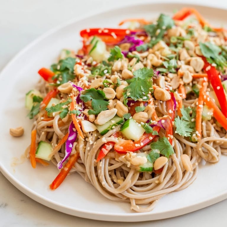 A close-up of a refreshing Cold Noodle Salad piled in a bowl with toasted sesame seeds.