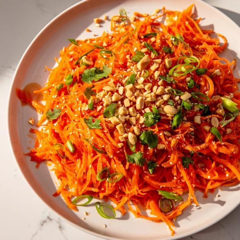 A close-up of a refreshing Spicy Carrot Salad with colorful vegetables and a drizzle of spicy dressing.