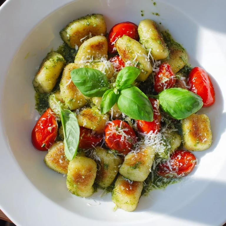 Close-up of crispy gnocchi with pesto, freshly tossed with red tomatoes, ready to serve with a garnish.
