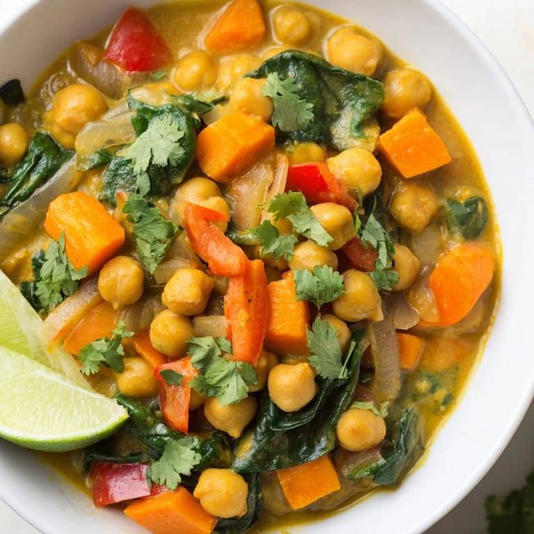 Savory Chickpea Curry served hot, with coconut milk's creamy texture, offering a comforting dinner.