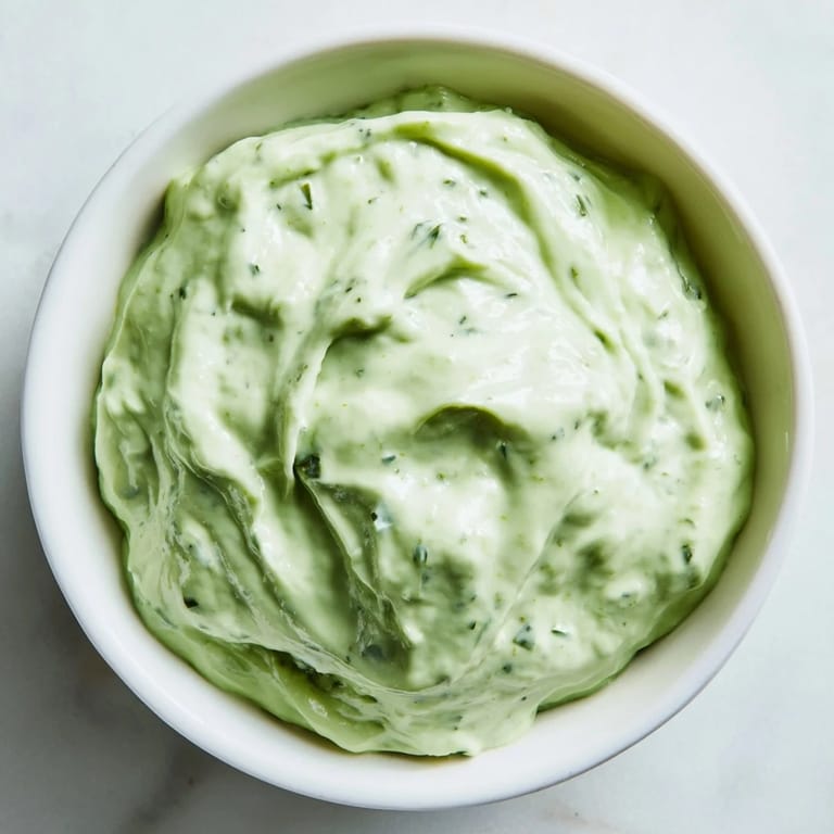A close-up of Green Goddess Dip shows its smooth texture, perfect for dipping vegetables or chips.