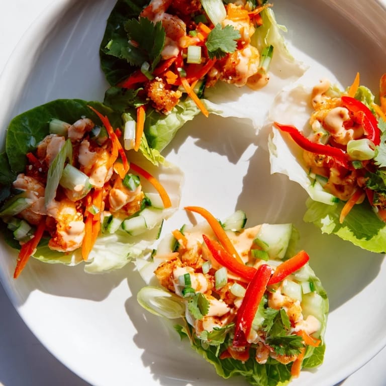 Fresh shrimp lettuce cups in crisp lettuce boats, topped with a creamy sauce and cilantro.