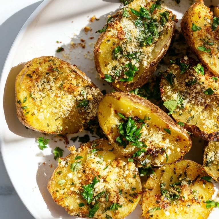 Close-up of baked Garlic Parmesan Potatoes, fragrant with garlic, coated in melted cheese and herbs.
