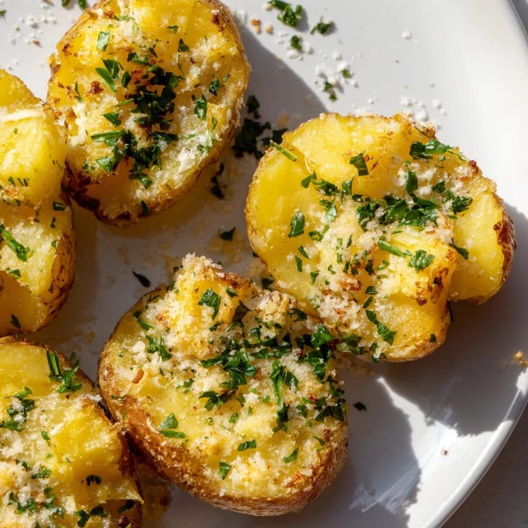 Enjoy these ultra-crispy Garlic Parmesan Potatoes, perfect for sharing as a simple and delicious snack.