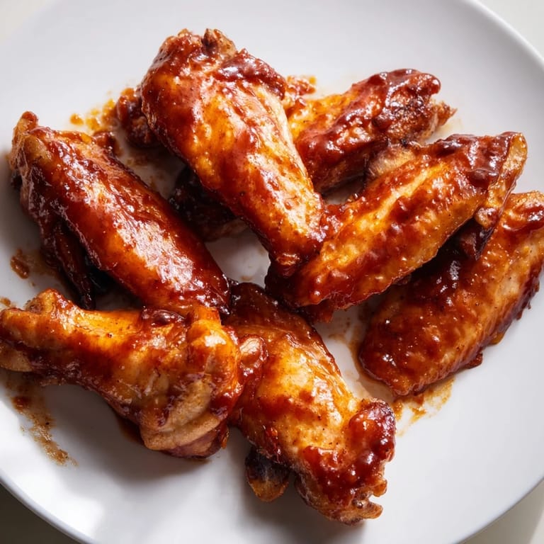 A close-up of delicious baked honey BBQ wings, showing their perfectly caramelized, savory surface.