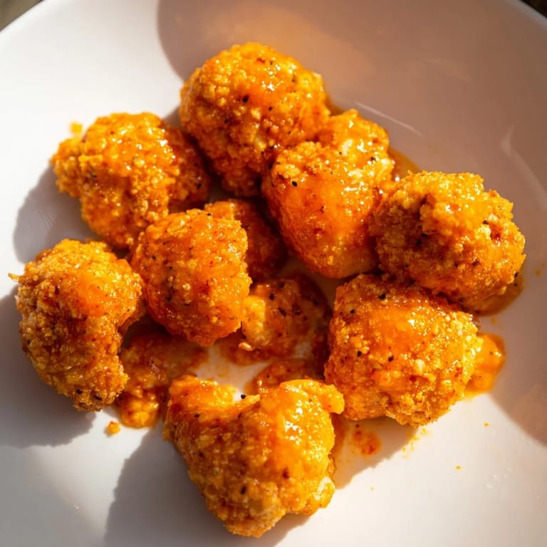Close-up shot shows steaming hot Buffalo Cauliflower Bites, a flavorful snack with ranch dressing.