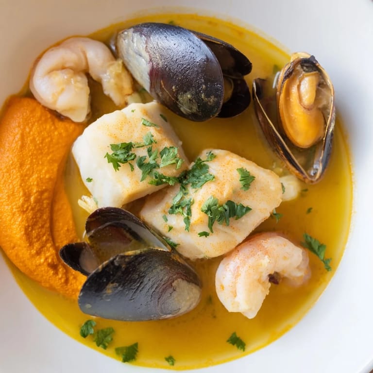 Close-up of a steaming bouillabaisse, offering a fragrant blend of fish, saffron, and rouille for pairing.