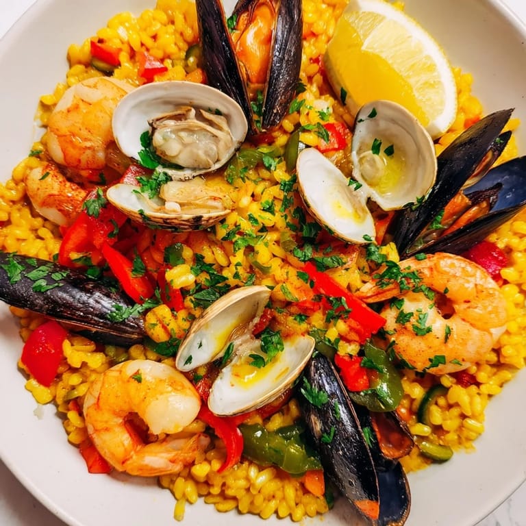 Enjoy the savory seafood and rice, a flavorful Spanish Seafood Paella, ready for serving.