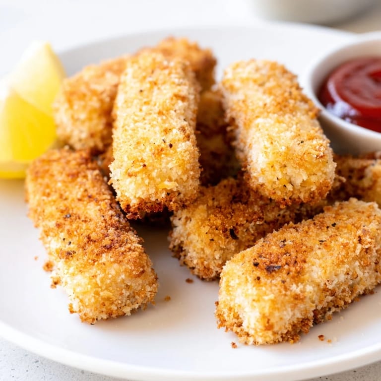Pan-fried panko halloumi with a crunchy coating, drizzled with hot sauce and garnished with bright lemon wedges on a marble surface.