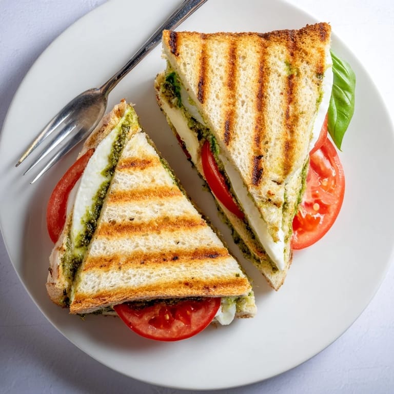 Spicy BBQ chicken panini with melted pepper jack cheese on toasted sourdough bread.  