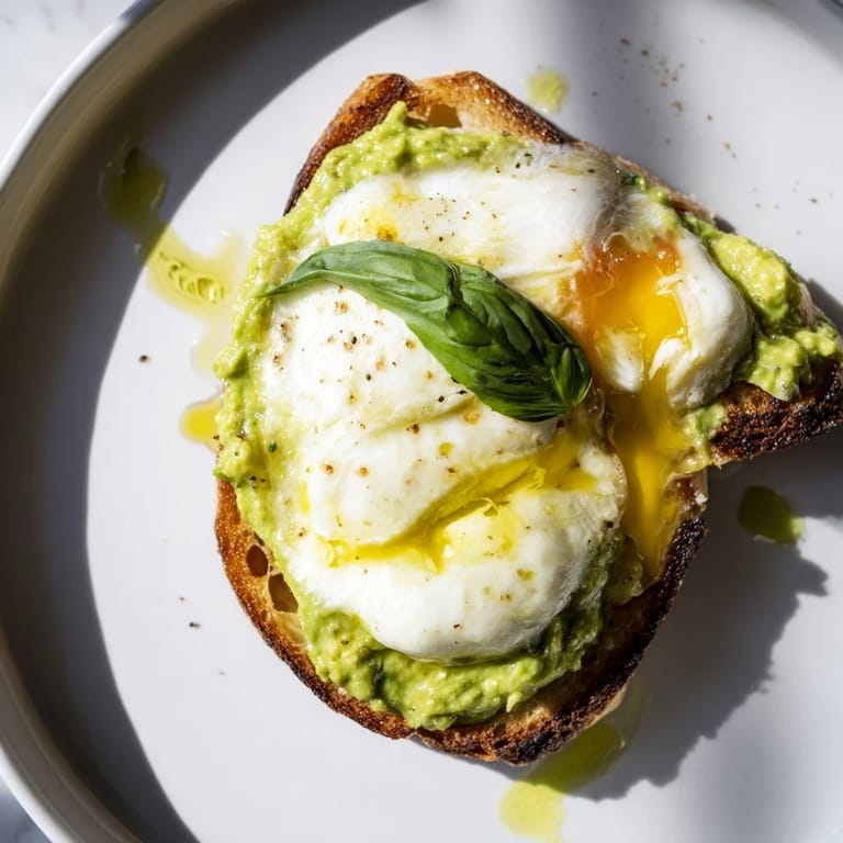 Avocado Mozzarella Tartine garnished with fresh basil, ready to serve as a light lunch or snack.  
