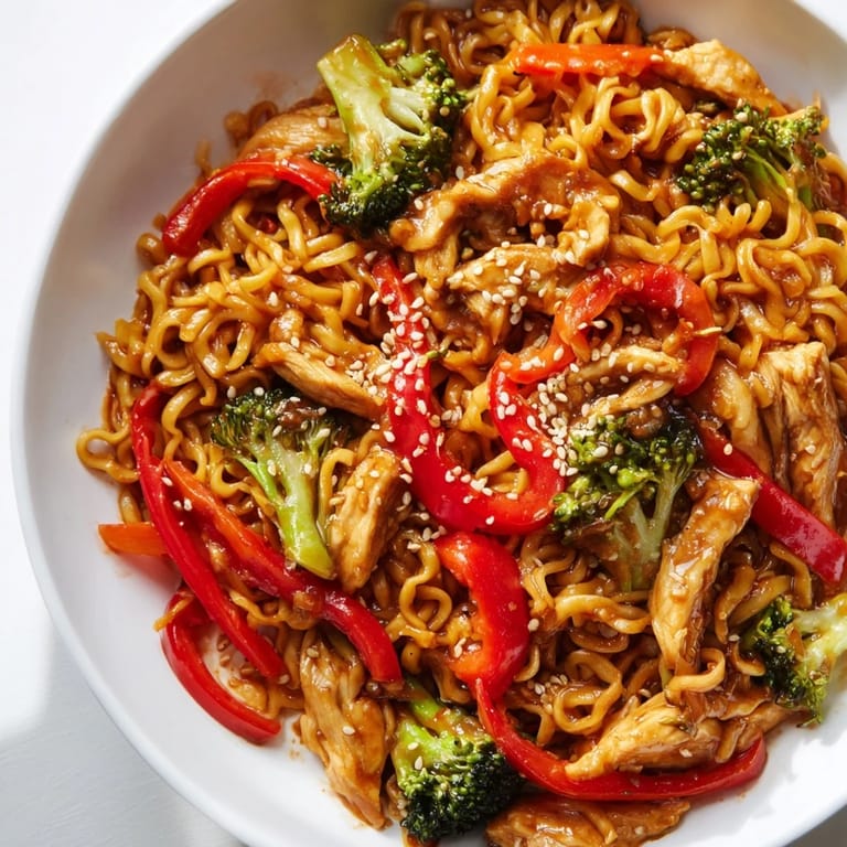 Steam rises from a freshly plated Spicy Ramen Stir-Fry, garnished with green onions and sesame seeds next to chopsticks.  
