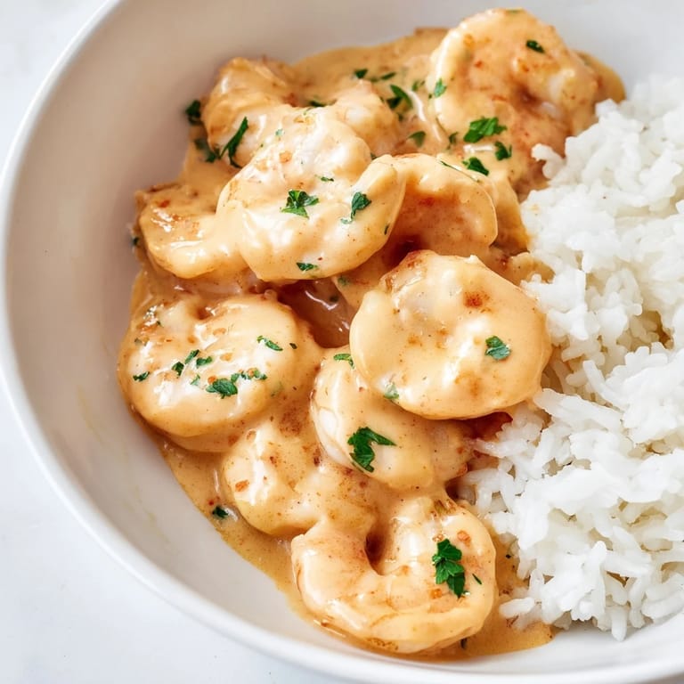 A close-up of creamy Cajun shrimp rice bowl features juicy shrimp in a spicy cream sauce, with lemon wedges.