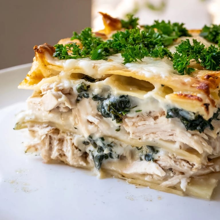 A slice of cheesy Chicken Alfredo Lasagna reveals tender chicken and spinach layers on a rustic wooden table.  
