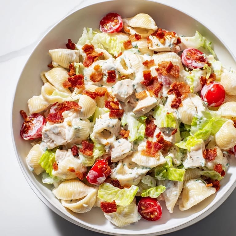 A hearty bowl of BLT Chicken Pasta Salad with chilled pasta, diced grilled chicken, halved cherry tomatoes, and a light creamy dressing.